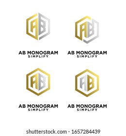 set of gold silver ab, ba, a b initial monogram hexagon letter black logo design with white background