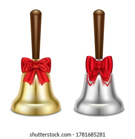 Set of gold and silver bells. With red bows. Christmas symbol, school bell. 3D realistic illustration. Isolated on white background. Vector.