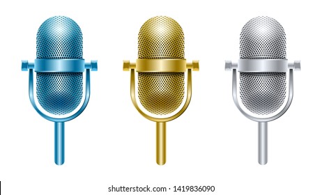 Set Gold, Silver, Blue Metal Microphone Isolated On White Background. Realistic Vector Illustration.