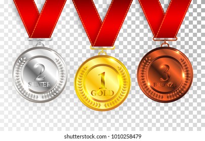 Set of gold, silver and bronze award medals with red ribbons. Medal round empty polished vector collection isolated on transparent background. Premium badges. Winner awards. Gold silver bronze award