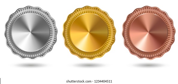 Set of gold, silver and bronze award elegant medals on white background. Badges collection. Blank medals set. Blank of coins. Vector illustration.