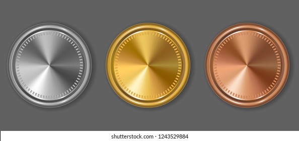 Set of gold, silver and bronze award medals on gray background. Blank medals set. Blank of coins. Vector illustration.