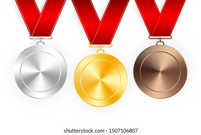 Set of gold, silver and bronze award medals with red ribbons. Medal round empty polished vector collection isolated on white background. Premium badges.