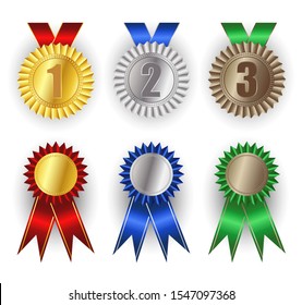 Set of gold, silver and bronze award medals. Winner award icon. Best choice badge. Vector illustration