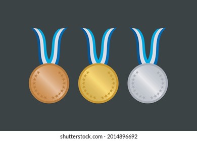 Set of gold, silver and bronze Award medals on dark background. Vector illustration.