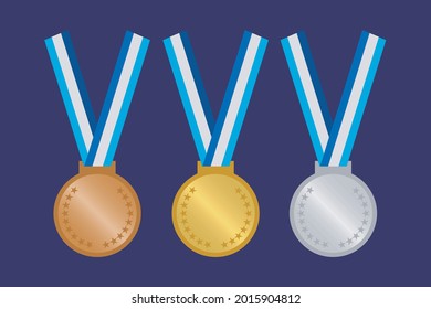 Set of gold, silver and bronze Award medals on dark background. Vector illustration.
