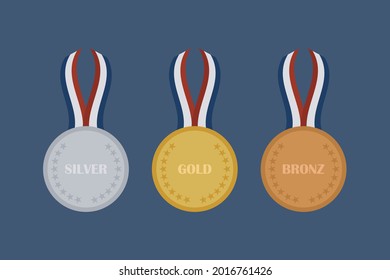 Set of gold, silver and bronze Award medals on dark background. Vector illustration.