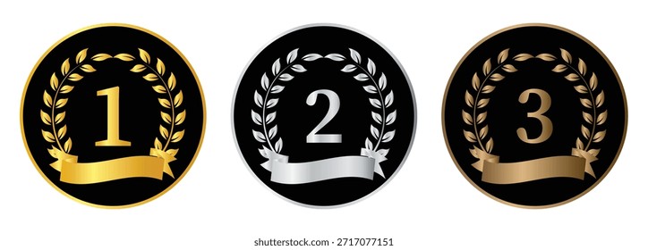 Un conjunto de medallas de oro, plata y bronce para el primer, segundo y tercer lugar, respectivamente. Ilustración vectorial de marcos redondos de metal dorado, plateado y bronce.