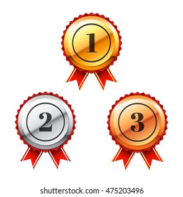 Set of gold, silver and bronze award labels. 1st, 2nd, 3rd places.