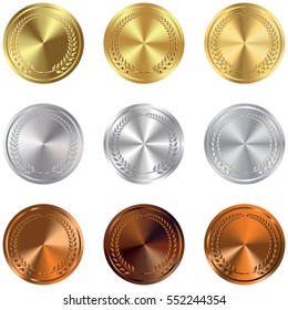 Set of gold, silver and bronze Award medals on white. Vector gold, silver and bronze award medals set isolated on white background. The first, second, third prizes.