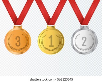 Set of gold, silver and bronze Award medals isolated on transparent background. Vector illustration