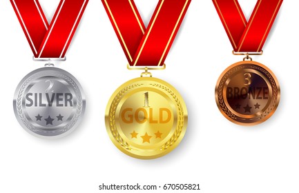 Set of gold, silver and bronze award medals with red ribbons. Medal round empty polished vector collection isolated on white background. Premium badges. Winner awards. Gold silver bronze award medals