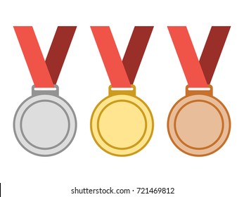 Set of gold, silver, bronze award medals with ribbons
