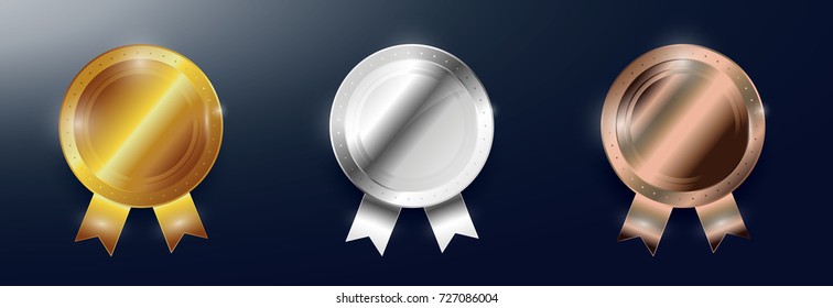 Set of gold, silver and bronze award medals.