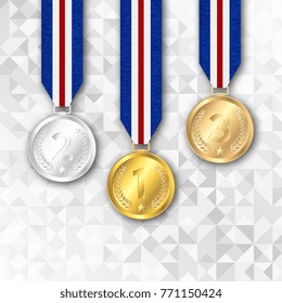 Set of gold, silver and bronze award medals. Realistic vector illustration.