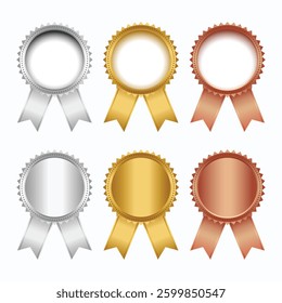 Set of gold silver and bronze awards with ribbons