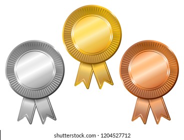 Set of gold, silver and bronze blank medals. Vector illustration.