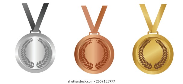 Set of gold, silver and bronze blank medals. Medals  first, second, third place with ribbons.  Realistic isolated trophy and medal collection with metal reward badges for winners. Vector illustration.