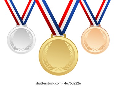 Set of gold, silver and bronze blank award medals with ribbons - vector graphic