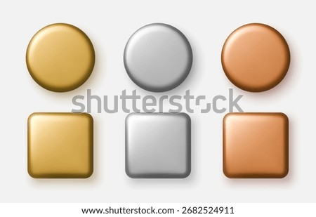 Set of gold, silver and bronze buttons in round and square shapes for interface or infographics. Vector illustration.