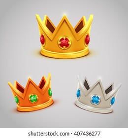 Set of gold silver bronze crowns with jewels. Vector illustration