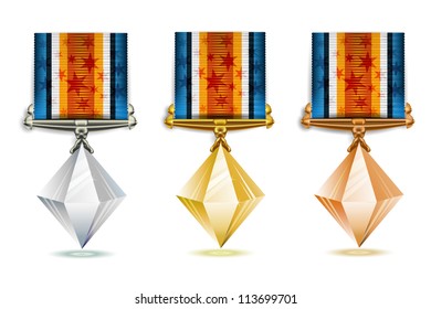 Set of gold, silver and bronze crystals with ribbon over white background