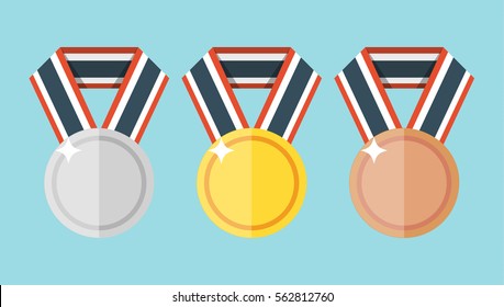 Set of gold, silver and bronze flat medals