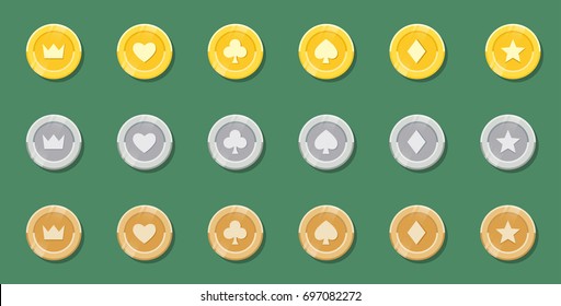 Set Of Gold, Silver And Bronze Game Coins With Crown, Star, Hearts, Spades, Clubs, Hearts, Diamonds Flat Illustrated.