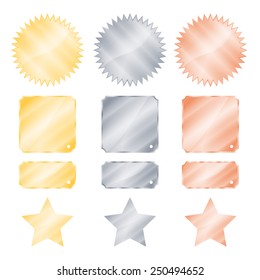 set gold silver and bronze glossy vector stickers in the shape of a circle with a square rectangle teeth and stars