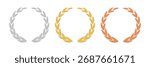 Set of gold, silver, and bronze laurel wreath icons in a flat design, symbolizing victory and achievement. Collection of first, second, and third place awards