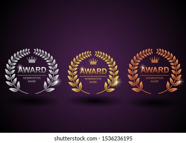 Set of gold, silver and bronze laurel wreath. Winner label, leaf symbol victory with purple background. Vector illustration