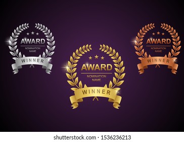 Set of gold, silver and bronze laurel wreath with golden ribbon.Vector illustration