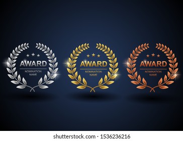 Set of gold, silver and bronze laurel wreath. Winner label, leaf symbol victory with blue background. Vector illustration svg