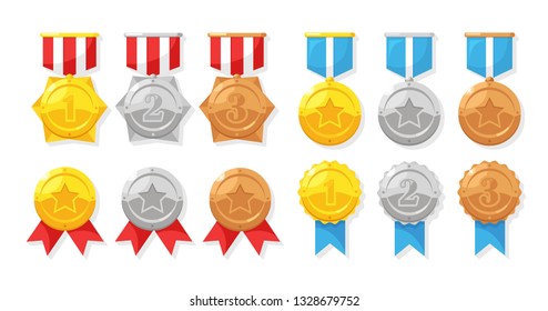 Set of gold, silver, bronze medal with star for first place. Trophy, award for winner isolated on white background. Golden badge with ribbon. Achievement, victory concept. Vector cartoon flat design