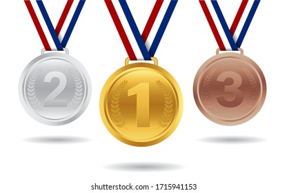 Set of gold, silver, bronze medal for award ceremony. Sport prize for first place winner. 3d champion trophy icon with ribbon on white background. 3 element of reward for victory championship. vector
