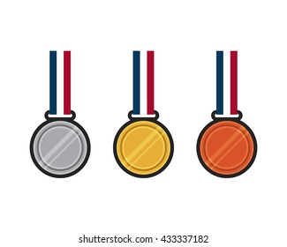 Set of gold, silver, bronze medal flat design vector illustration