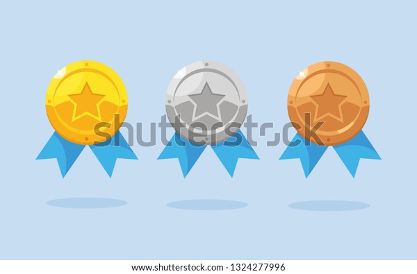 Set of gold, silver, bronze medal with star for\
first place. Trophy, award for winner isolated on background.\
Golden badge with ribbon. Achievement, victory concept. Vector\
cartoon flat design