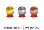 Set of gold, silver and bronze medals with red ribbons isolated vector illustration.