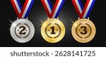 Set of Gold, Silver, and Bronze Medals with Red White Blue Neck Ribbons - First, Second, and Third Place Award Badges Featuring Laurel Wreath for Competition and Achievement