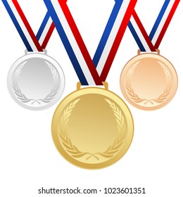Set of gold, silver and bronze medals with ribbons - vector graphic