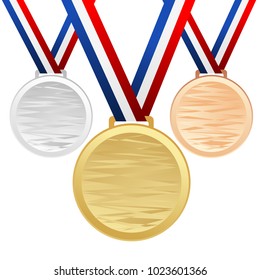 Set of gold, silver and bronze medals with ribbons - vector graphic