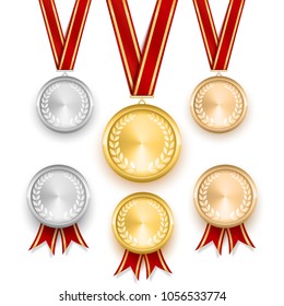 Set of gold silver and bronze medals, first 2 3 winner place. Vector illustration isolated on white background. golden badge with red ribbon stripes premium quality realistic shadow laurel wreath.