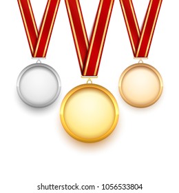 Set of gold silver and bronze medals, first 2 3 winner place. Vector illustration isolated on white background. golden badge with red ribbon stripes premium quality realistic shadow modern design.