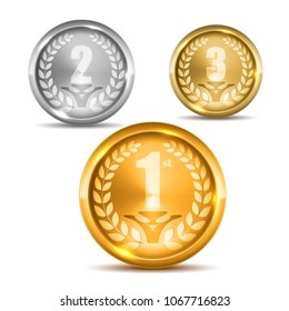 Set of gold silver and bronze medals with laurel wreath , first 2 3 winner place. Vector illustration isolated on white background golden winner badge 3d coin premium quality realistic shadow modern
