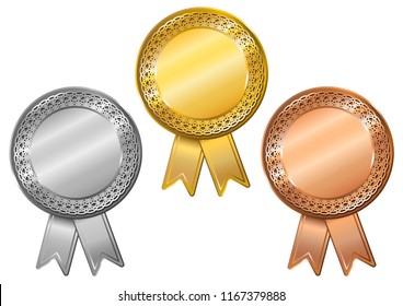 Set of gold, silver and bronze medals.  Blank medals set. Vector illustration.