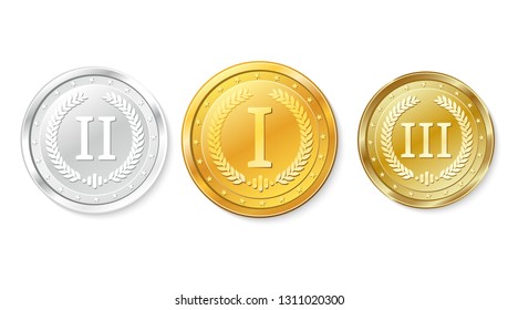 Set of gold, silver and bronze medals. Awards for first, second and third place.