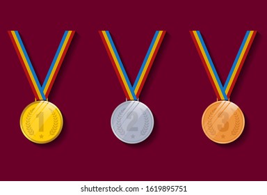 Set of gold, silver and bronze medals with blue,yellow, red ribbon flat vector icons and illustration. perfect for sports apps and websites.