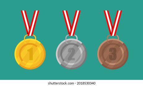Set of gold, silver and bronze medals with red and white medal ribbons. Race, olympics, sports, military, science, culture, academics concepts. Green background.