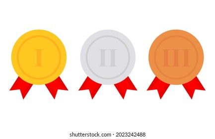 Set of Gold, Silver, and Bronze medals on a white background. With a red ribbon. First, second and third place. Vector icon. 