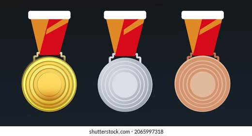 set of gold, silver, and bronze medals. Gold medal for 1st, silver for 2nd, bronze for 3rd place in a sports competition. 